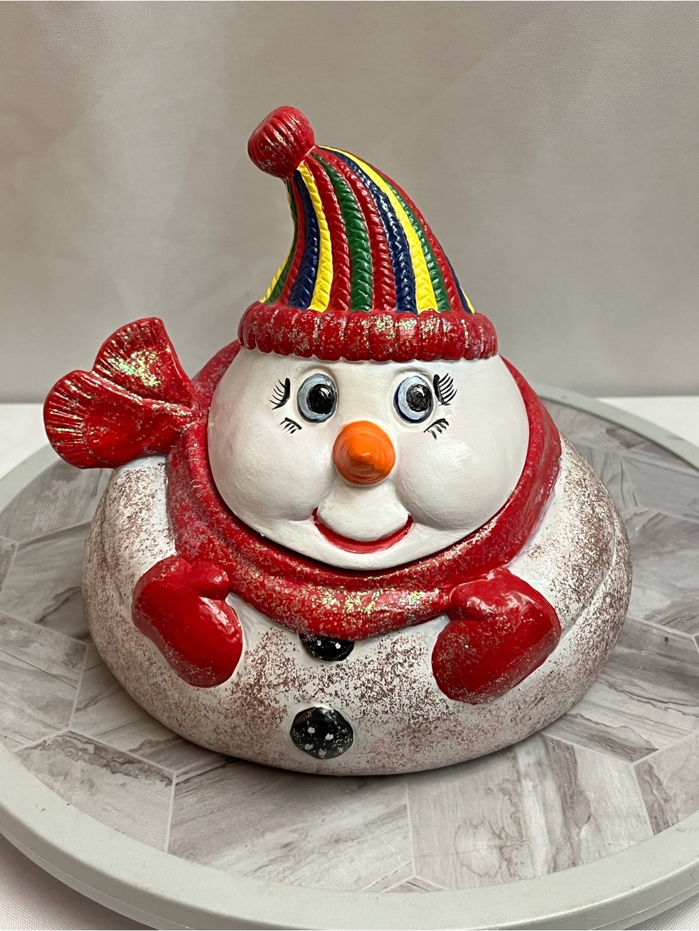 Whimsical Snowman Cookie Jar Christmas Holiday Decor Hand Painted 7”